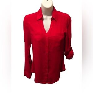 Express Portofino Blouse Roll Tab Sleeve XXS RED Business Career Wardrobe